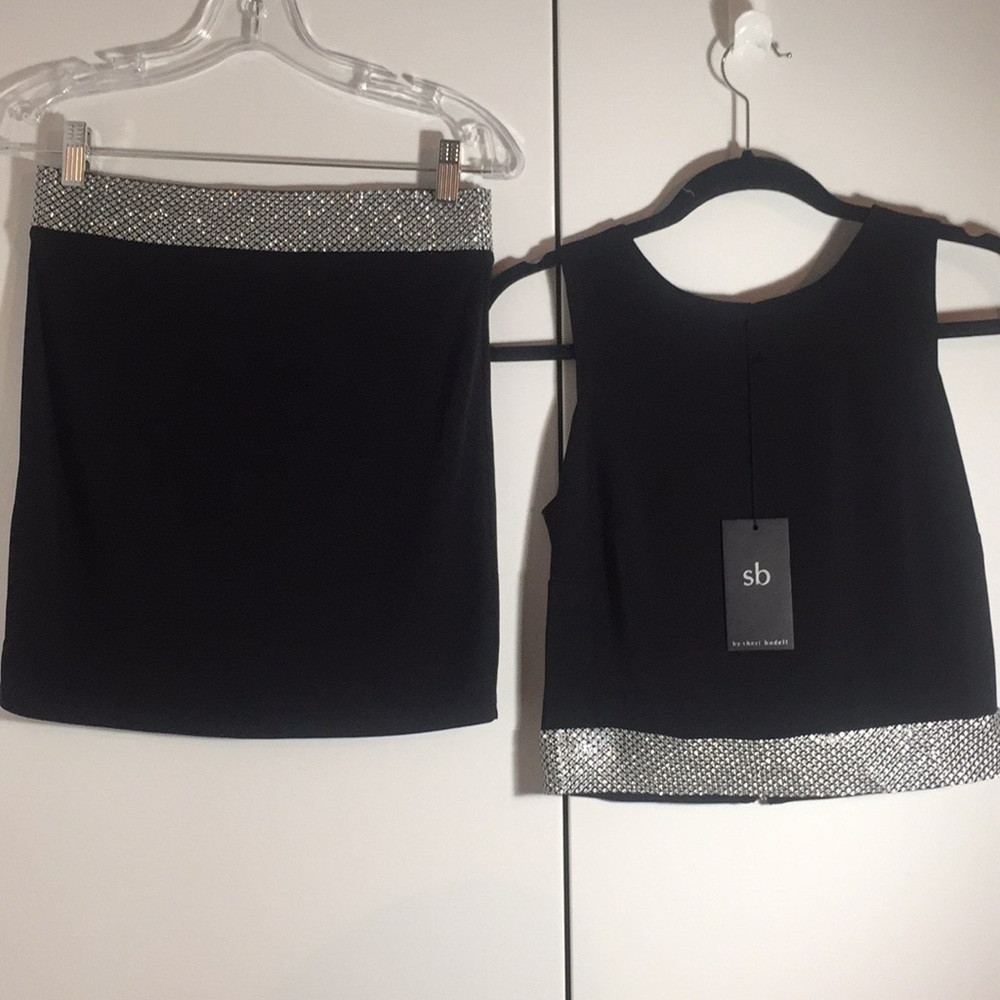 NWT Sheri Bodell black with rhinestone coord matching skirt & top set small